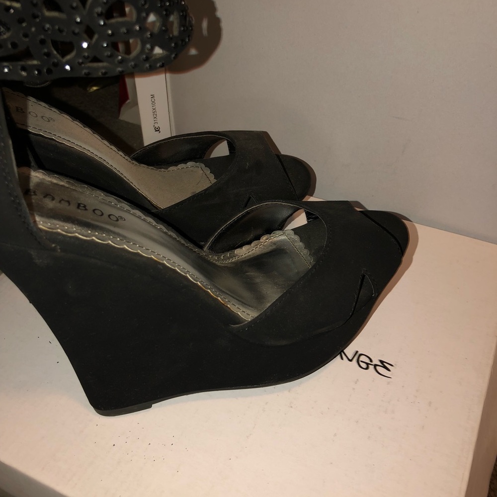 Black wedge shoe-rhinestones around ankle strap